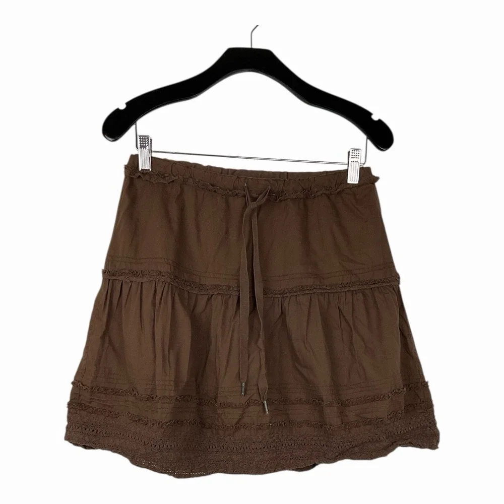 Womens Boho Tiered Mini Skirt Flowy Prairie Western Eyelet Trim Y2K Earth tone